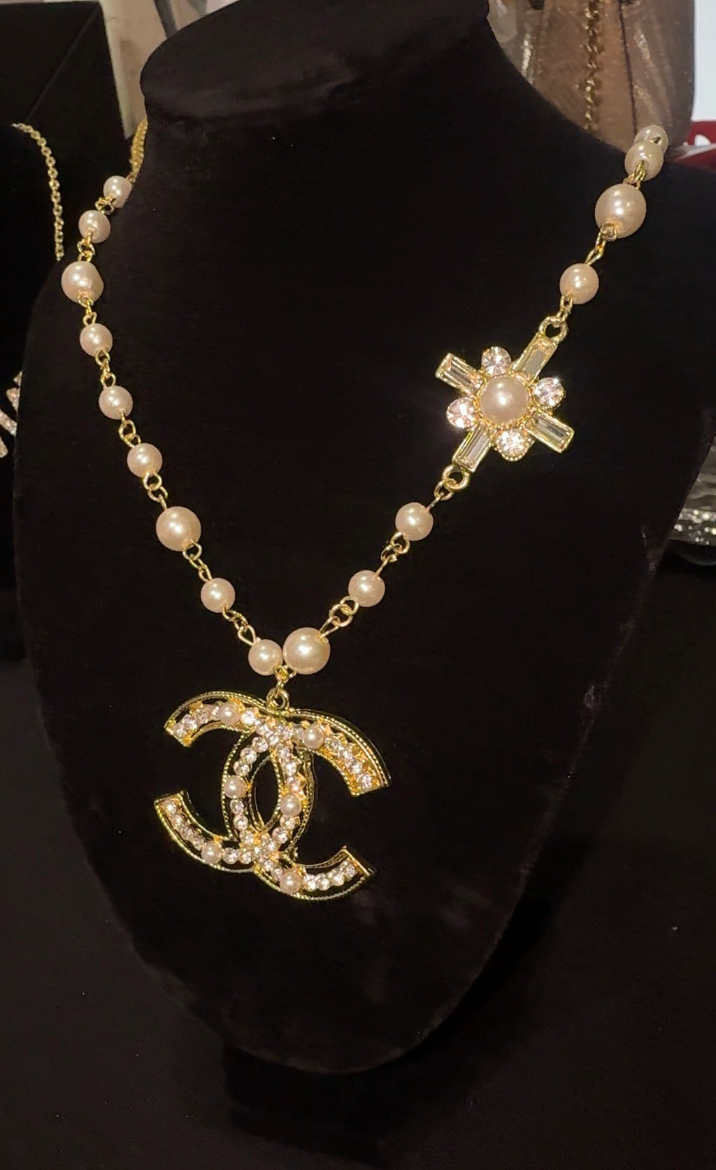 Large “CC” Pendant w/ Pearl Necklace