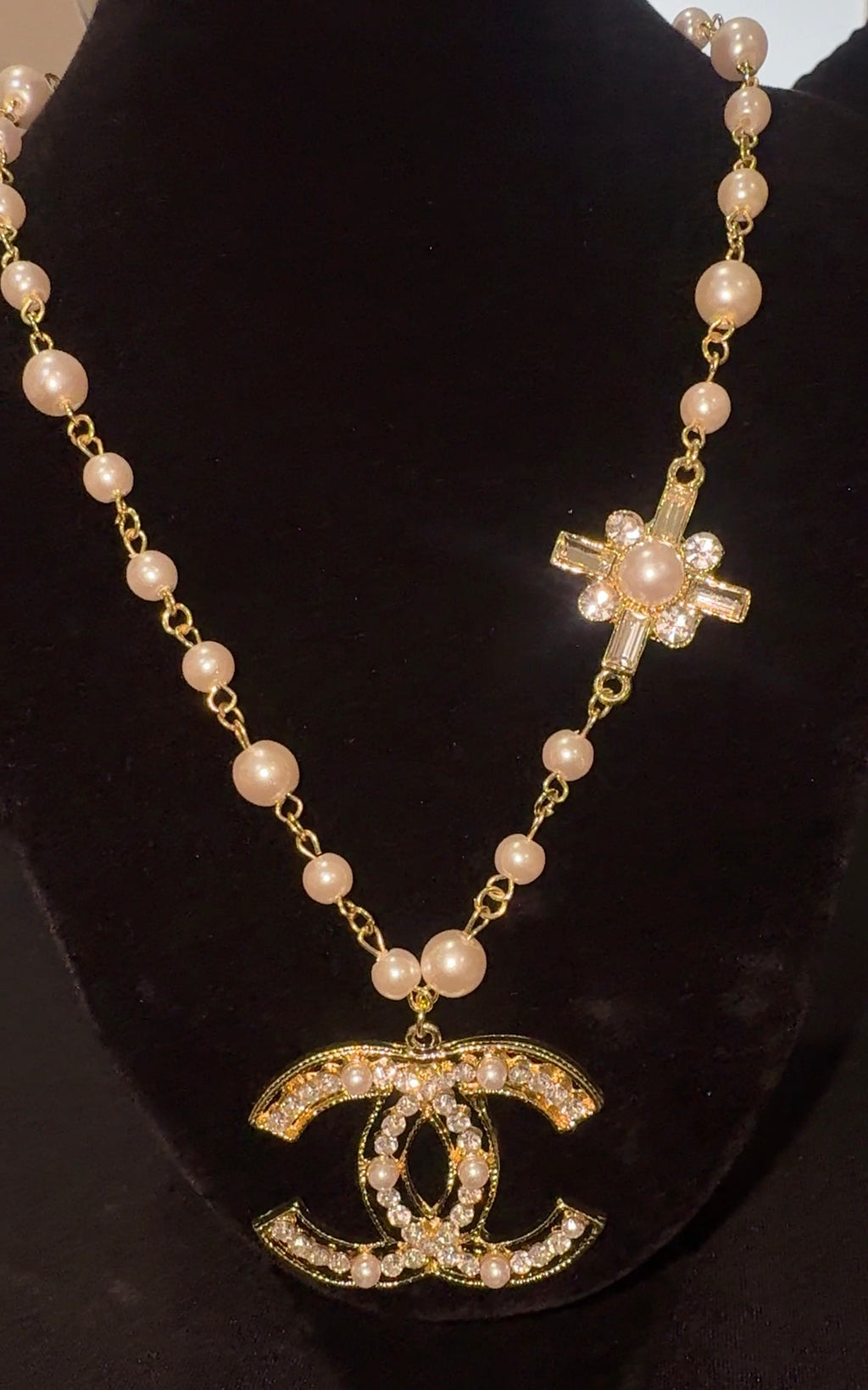 Large “CC” Pendant w/ Pearl Necklace