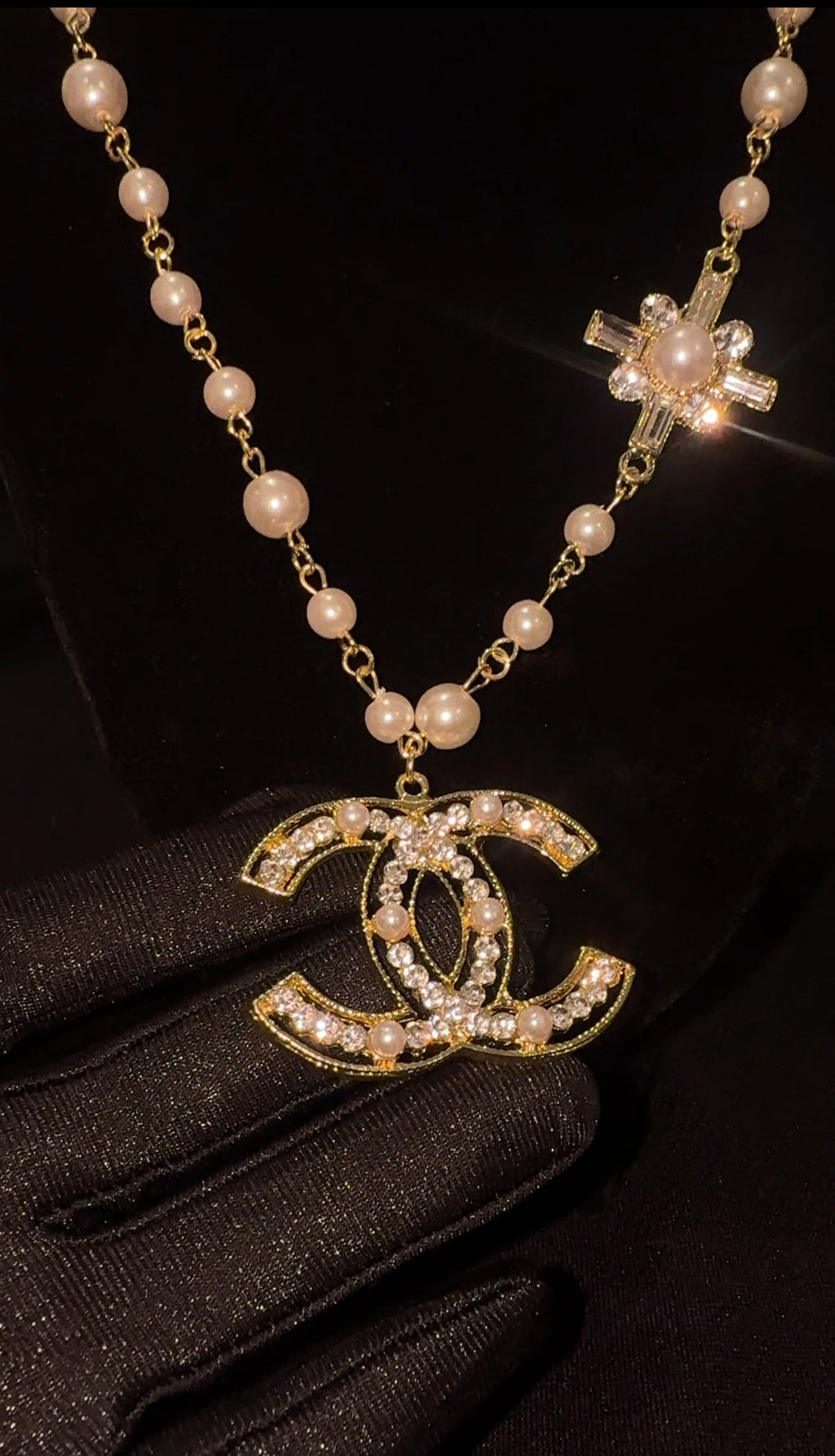 Large “CC” Pendant w/ Pearl Necklace