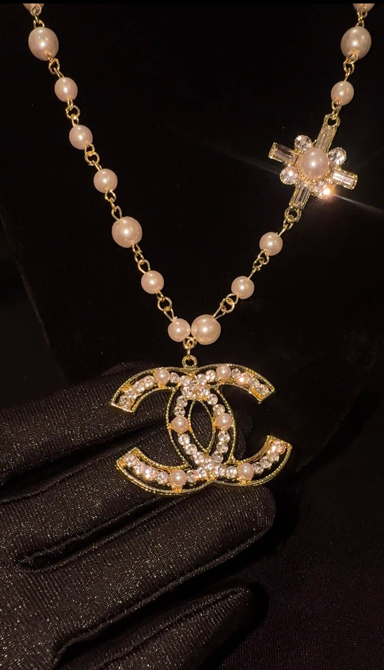 Large “CC” Pendant w/ Pearl Necklace